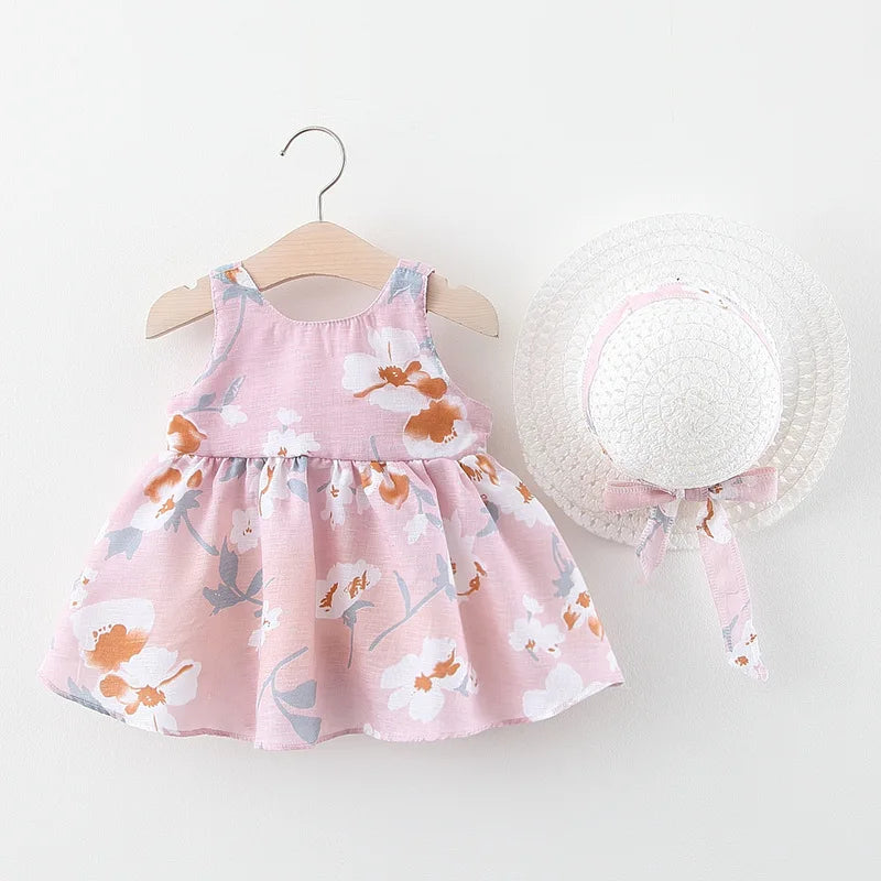 2024 Summer Baby Girls Beach Dresses Casual Fashion Print Cute Bow Flower Princess Dress+Hat Newborn Clothes Infant Clothing Set