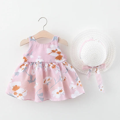 2024 Summer Baby Girls Beach Dresses Casual Fashion Print Cute Bow Flower Princess Dress+Hat Newborn Clothes Infant Clothing Set