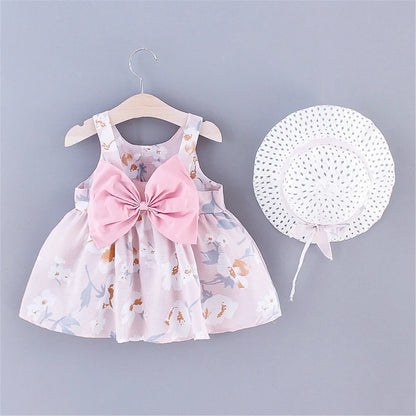 2PCS/SetsChildren's clothing girl's back sweet bow tie floral flowersmall daisy sleeveless dresshat as a gift