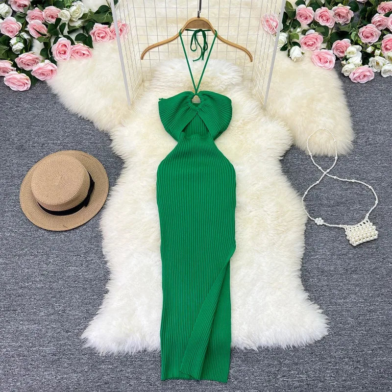 YuooMuoo Women Dress 2024 New Party Fashion Sexy Wrap Hips Halter Knitted Bodycon Dress Vacation Style Lady Beach Vestidos