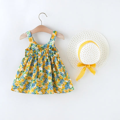 2Pcs/Set Flowers Baby Girl Dresses Summer Fashion Toddler Children Clothes Beach Smooth Dress Kid's Costume Hat 0 To 3 Y