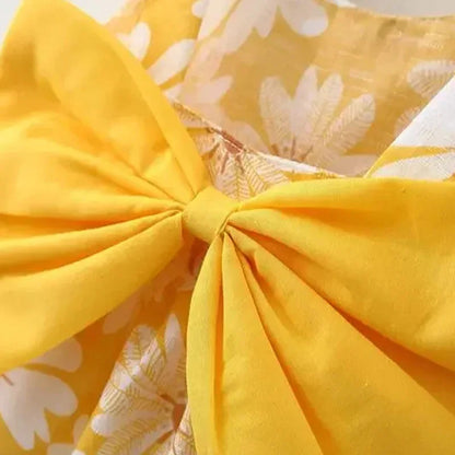 2 PCS Summer New Girl Dress Small Chrysanthemum Hanging Strap Big Bow Princess Dress Party Dress 0-3 Years Old