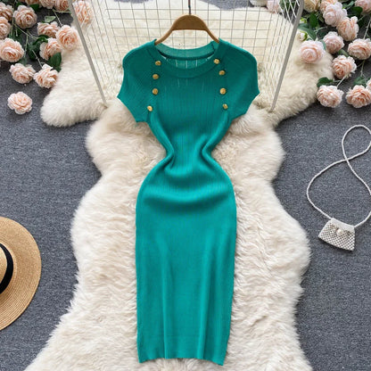 Women Knitted Pencil Dress o Neck Short Sleeve Elastic Slim Sheath Dresses Summer Korean Chic Streetwear Short Dress