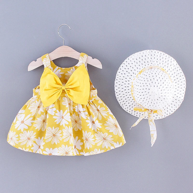 2pcs Baby Girls Sleeveless Daisy Print Back Big Bow Decor Beach Dress & Hat Set Kids Summer Clothes