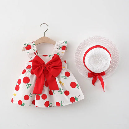 2Pcs/SetSummer girls dress children's clothing new small suspender bow orange print vest skirt with hat as a gift