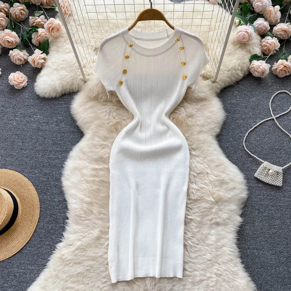 Women Knitted Pencil Dress o Neck Short Sleeve Elastic Slim Sheath Dresses Summer Korean Chic Streetwear Short Dress