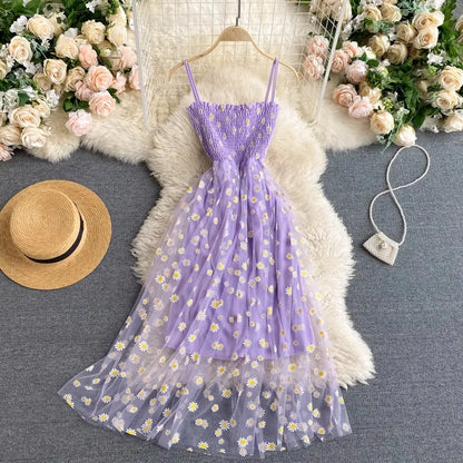 YuooMuoo Women Dress 2025 New Korean Fashion Floral Print Spaghetti Straps Mesh Party Dress Vacation Style Lady Beach Vestidos