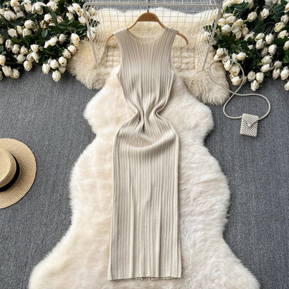 REALEFT Summer White Sleeveless Knitted Women's Dresses 2025 New O-neck Solid Elegant Straight Wrap Tank Dress Female