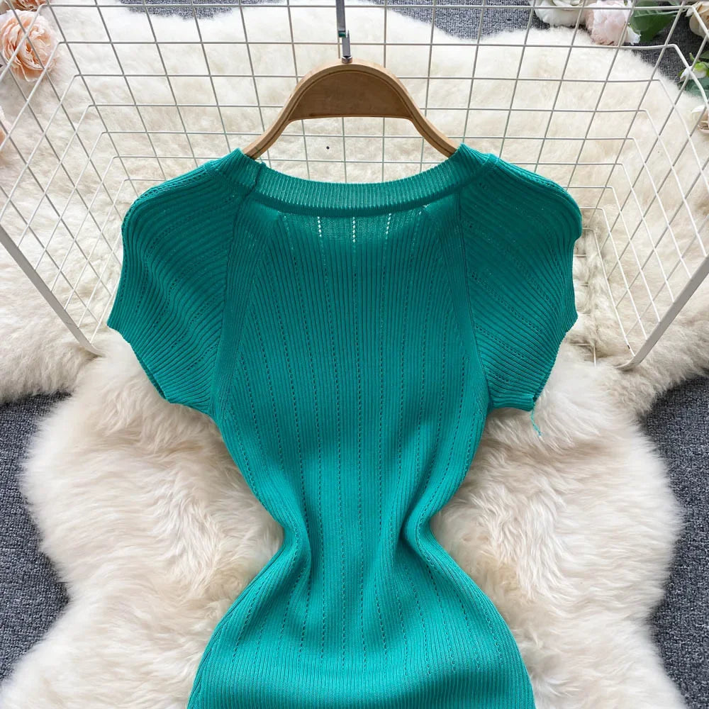 Women Knitted Pencil Dress o Neck Short Sleeve Elastic Slim Sheath Dresses Summer Korean Chic Streetwear Short Dress