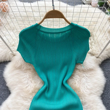 Women Knitted Pencil Dress o Neck Short Sleeve Elastic Slim Sheath Dresses Summer Korean Chic Streetwear Short Dress