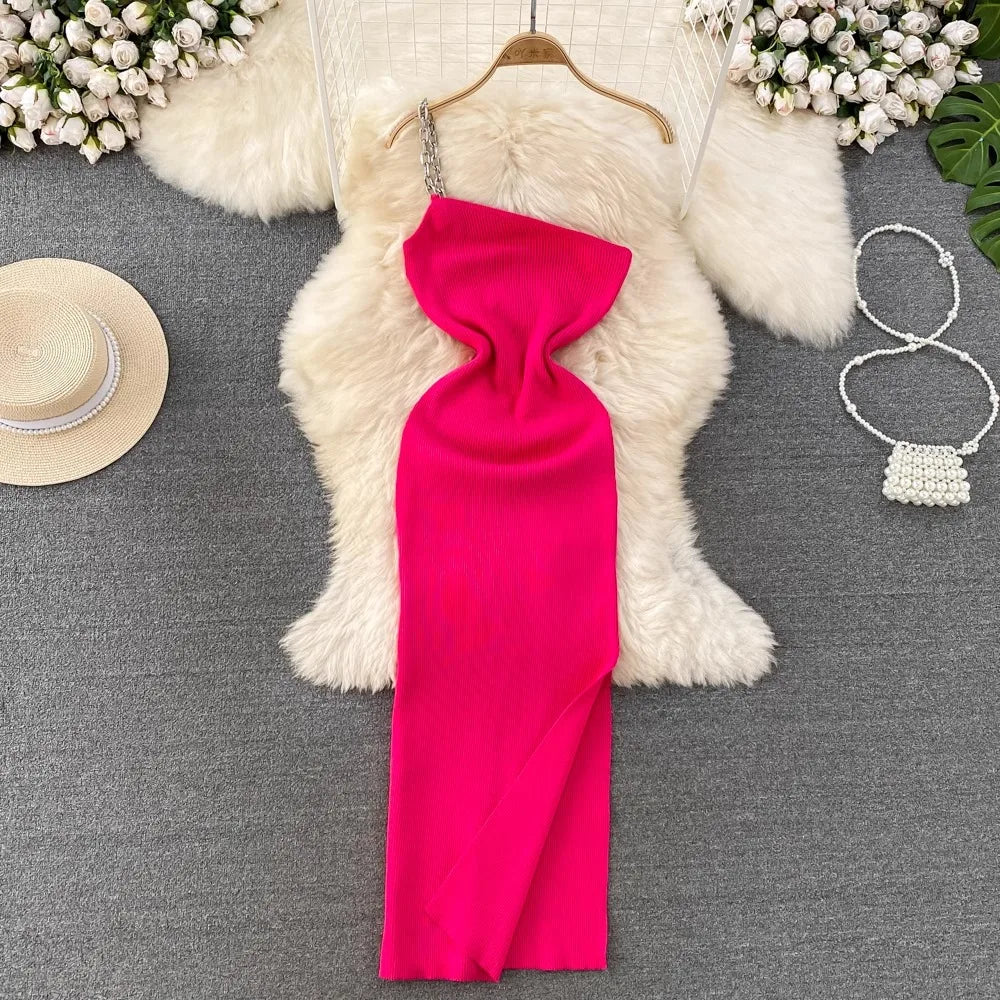 YuooMuoo Women Dress Sexy One Shoulder Package Hips Split Bodycon Dress Summer Fashion Lady Knitting Long Party Vestidos