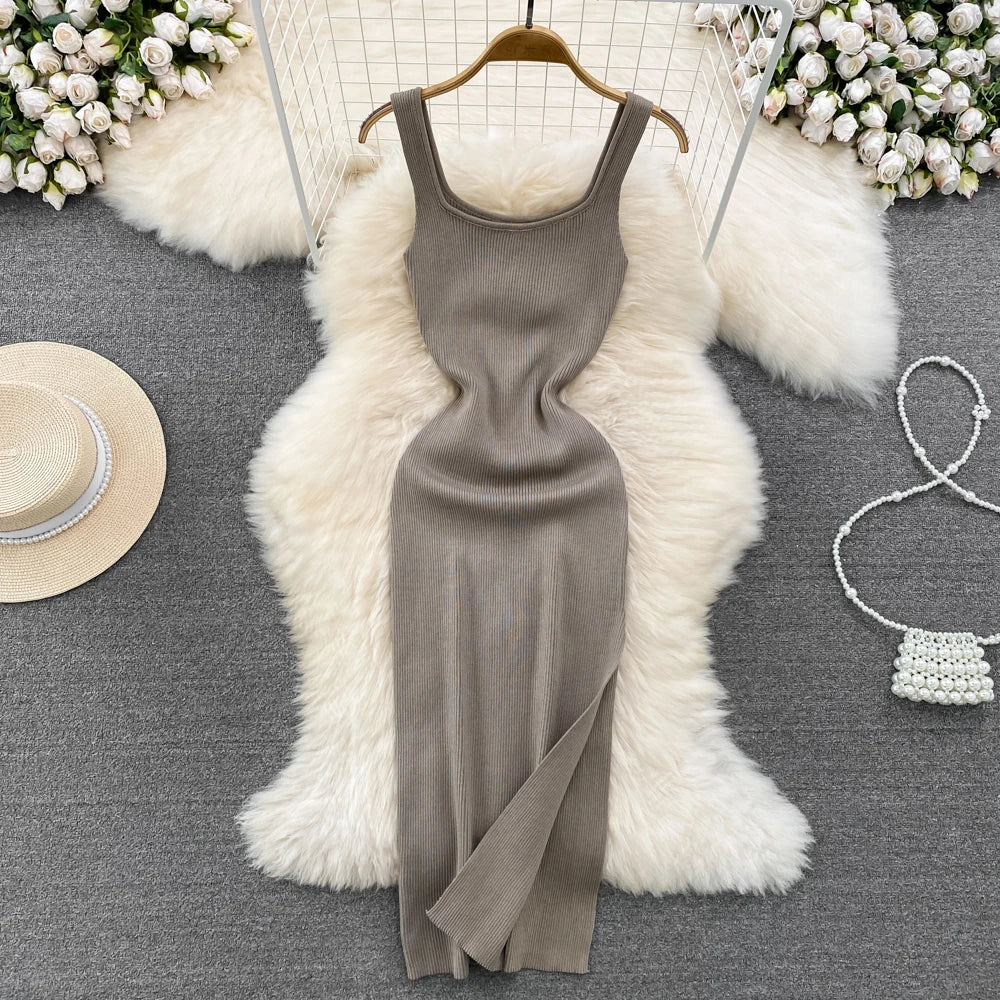 Sexy Sleeveless Bodycon Knit Split Slip Dress Chic Elastic Slim Fashion Party Sundress Women hotsweet Elegant Pencil Vestidos