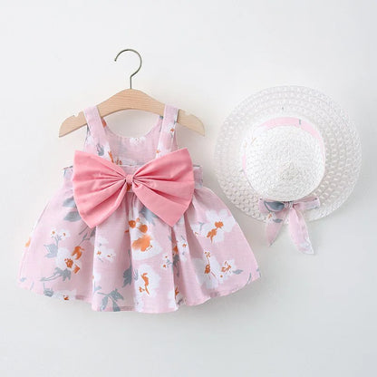 Summer New Girl Fashion Dress Small Chrysanthemum Hanging Strap Big Bow Princess Dress Party Dress 0-3 Years Old