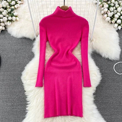 Elegant Turtleneck Long Sleeve Knit Bodycon Pencil Dress Slim Basic Fashion Sweater Vestido Sexy Women Autumn Winter Clothing