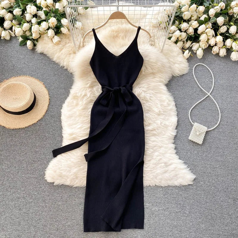 YuooMuoo Elegant Bodycon Split Dress Women Summer 2024 Sleeveless Bandage Backless Sexy Outfits Black Birthday Party Sundress