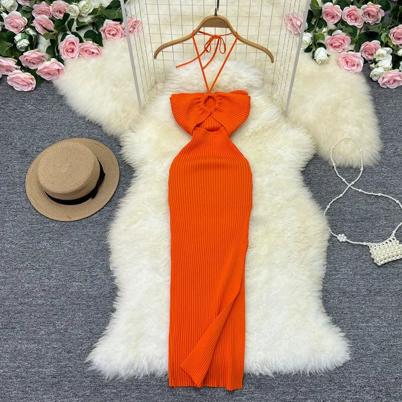 YuooMuoo Women Dress 2024 New Party Fashion Sexy Wrap Hips Halter Knitted Bodycon Dress Vacation Style Lady Beach Vestidos