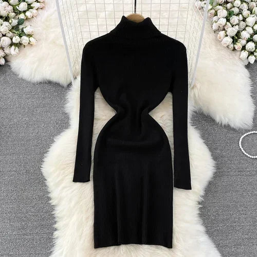 Elegant Turtleneck Long Sleeve Knit Bodycon Pencil Dress Slim Basic Fashion Sweater Vestido Sexy Women Autumn Winter Clothing