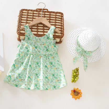 Summer 2-Piece Baby Dress+Sun Hat Bow Strap Floral Baby Girl Dress Soft And Comfortable Children'S Clothing