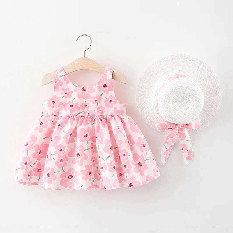 2024 Summer Baby Clothes Toddler Girl Dresses Korean Cute Bow Sleeveless Flowers Princess Dress+Sunhat Kids Clothing Set BC003