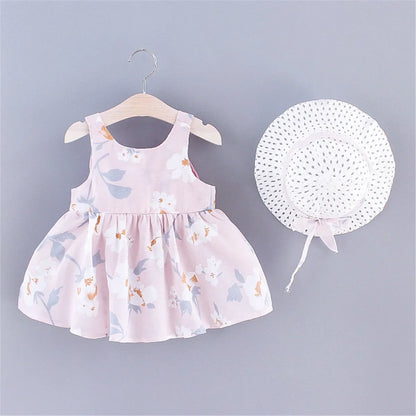 2PCS/SetsChildren's clothing girl's back sweet bow tie floral flowersmall daisy sleeveless dresshat as a gift