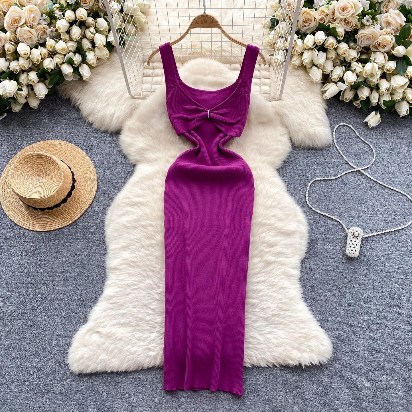 REALEFT Summer Women's Knitted Strapless Dresses Bow 2024 New Elegant Solid Sheath Bodycon Wrap Party Tank Dress Female