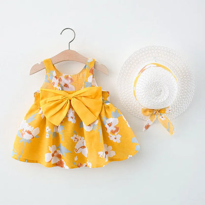 Summer New Girl Fashion Dress Small Chrysanthemum Hanging Strap Big Bow Princess Dress Party Dress 0-3 Years Old