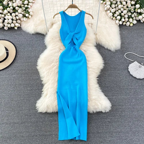 Sleeveless Hollow Split Wrap Dress Midi Sexy Fashion Elastic Tight Party Elegant Vestidos Chic Beach Vacation Summer Women Dress