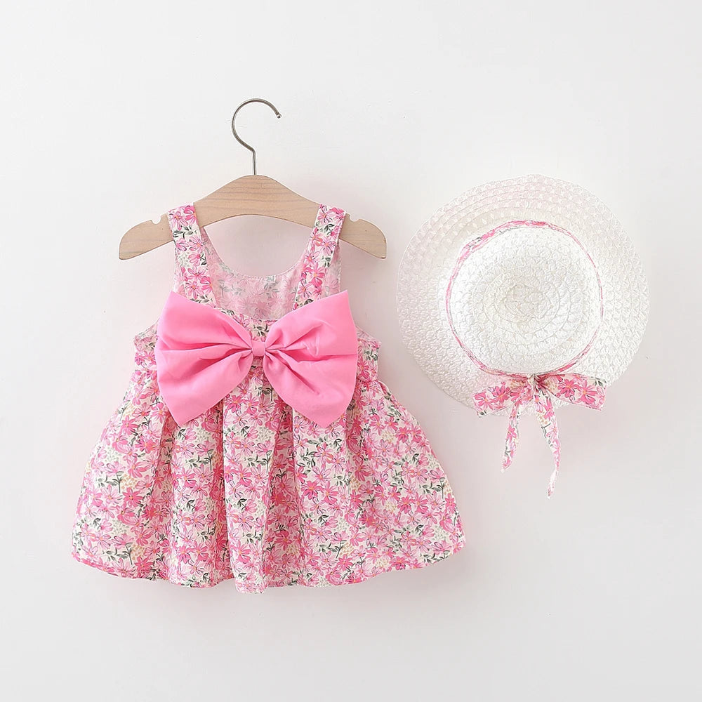 2Pieces Set Baby Outfit Baby Girl Sleeves Flower Printed Kids Princess Dress Summer Sling Bow Dress Send Sunhat