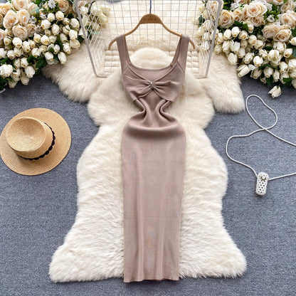 REALEFT Summer Women's Knitted Strapless Dresses Bow 2024 New Elegant Solid Sheath Bodycon Wrap Party Tank Dress Female