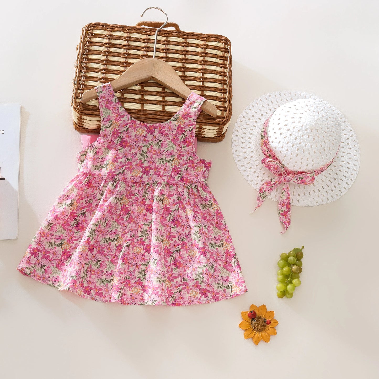 Summer 2-Piece Baby Dress+Sun Hat Bow Strap Floral Baby Girl Dress Soft And Comfortable Children'S Clothing