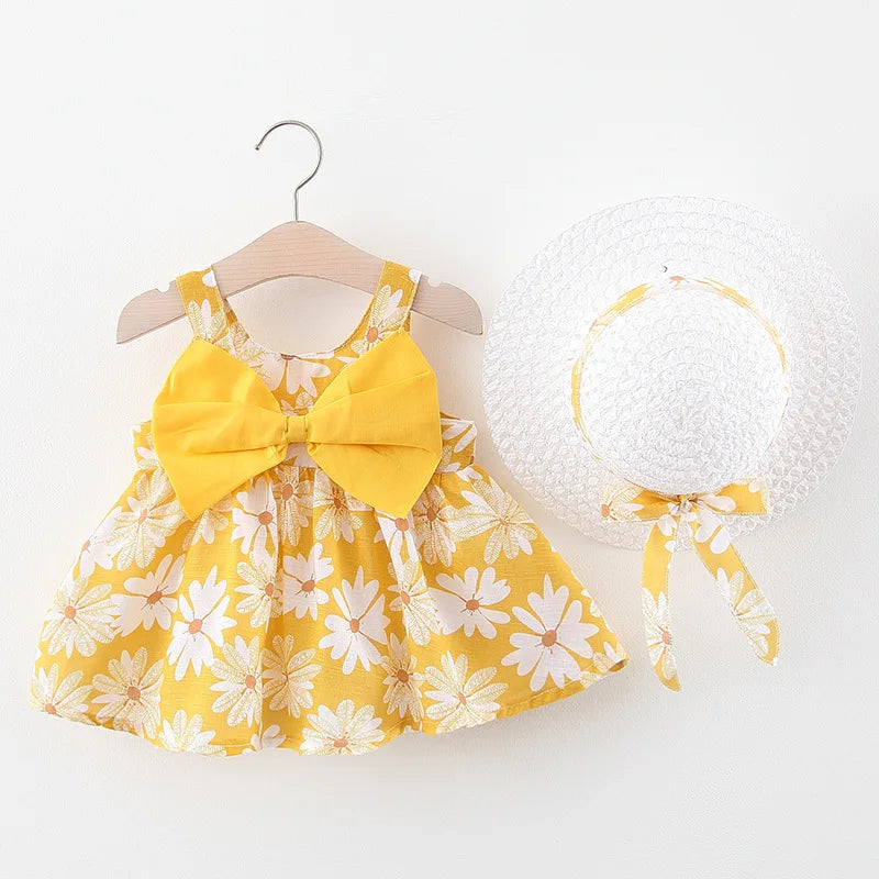 Summer New Baby Tank Top Princess Big Bow on Chest Cute Sweet Flower Girl Dress with Fisherman Hat