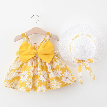 Summer New Baby Tank Top Princess Big Bow on Chest Cute Sweet Flower Girl Dress with Fisherman Hat