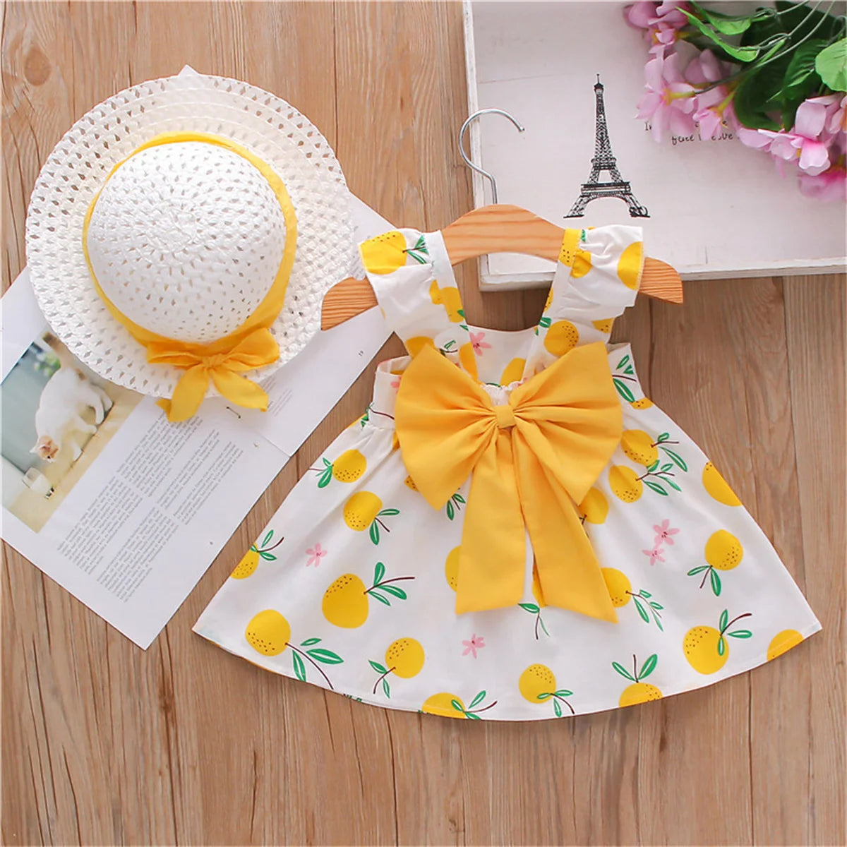 2Pcs/SetSummer girls dress children's clothing new small suspender bow orange print vest skirt with hat as a gift