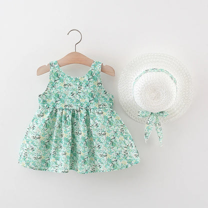 2Pieces Set Baby Outfit Baby Girl Sleeves Flower Printed Kids Princess Dress Summer Sling Bow Dress Send Sunhat