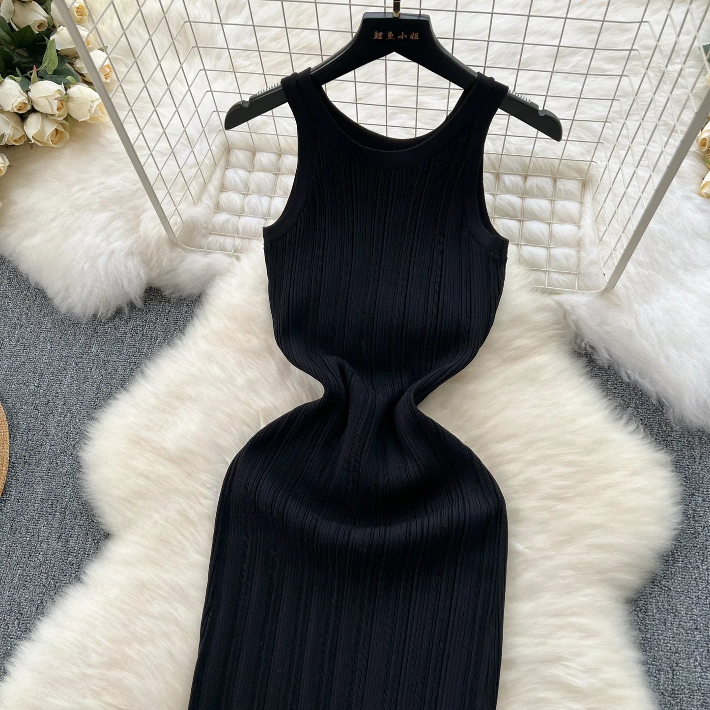 Elegant Elastic Halter Dress for Women's Summer New Sleeveless Slim fit Knitted Maxi Long Dresses Party Vestidos Sundress Solid