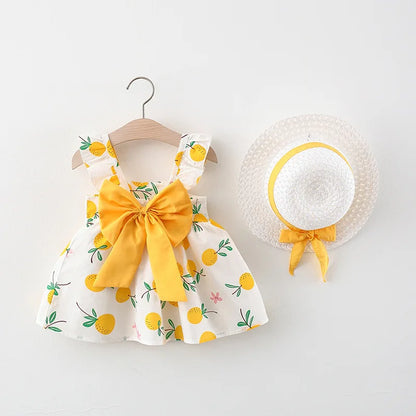 2Pcs/SetSummer girls dress children's clothing new small suspender bow orange print vest skirt with hat as a gift