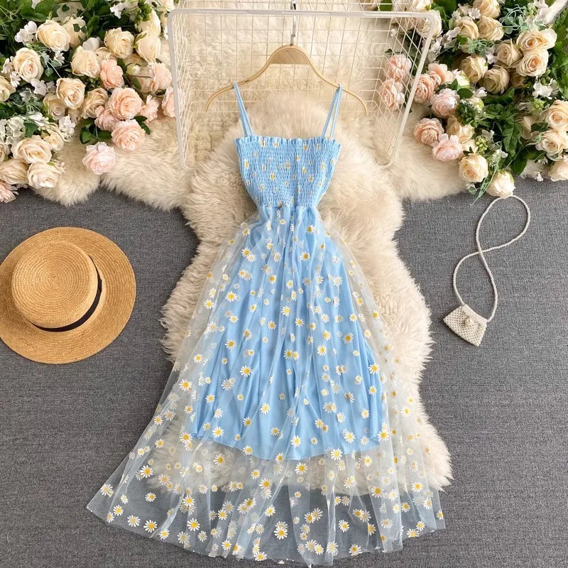 YuooMuoo Women Dress 2025 New Korean Fashion Floral Print Spaghetti Straps Mesh Party Dress Vacation Style Lady Beach Vestidos