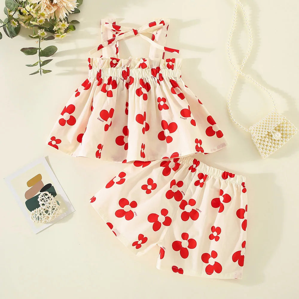 2Pcs/SetSummer girls set children's clothing bow and suspender top shorts sweet printed two-piece set