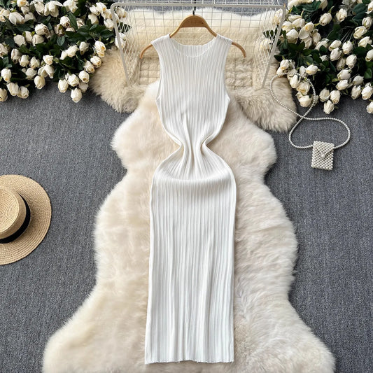 REALEFT Summer White Sleeveless Knitted Women's Dresses 2025 New O-neck Solid Elegant Straight Wrap Tank Dress Female