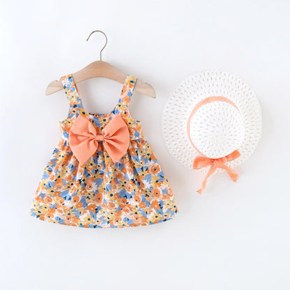 2Pcs/Set Flowers Baby Girl Dresses Summer Fashion Toddler Children Clothes Beach Smooth Dress Kid's Costume Hat 0 To 3 Y