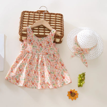 Summer 2-Piece Baby Dress+Sun Hat Bow Strap Floral Baby Girl Dress Soft And Comfortable Children'S Clothing