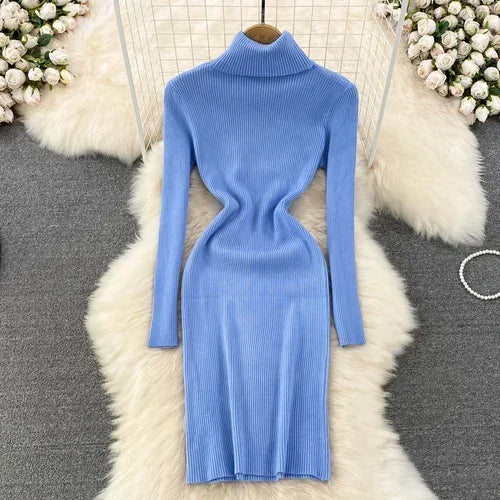 Elegant Turtleneck Long Sleeve Knit Bodycon Pencil Dress Slim Basic Fashion Sweater Vestido Sexy Women Autumn Winter Clothing