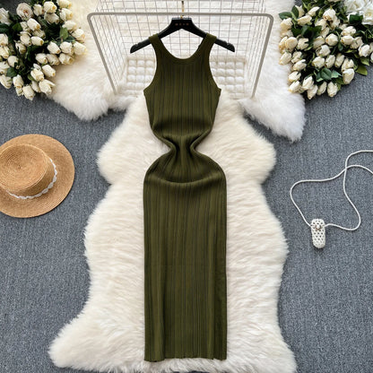 Elegant Elastic Halter Dress for Women's Summer New Sleeveless Slim fit Knitted Maxi Long Dresses Party Vestidos Sundress Solid