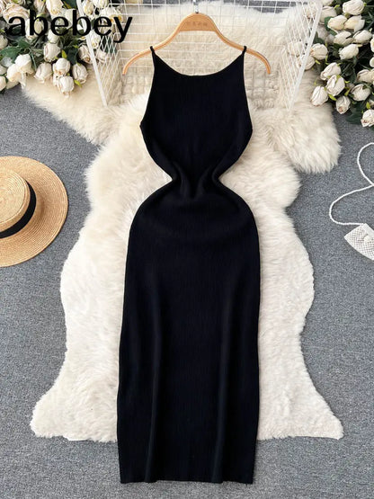 Summer Knit Sexy Strap Dress Women Tank Elatic Waist Bodycon Sundress Female Beach Split Backless Long Dress