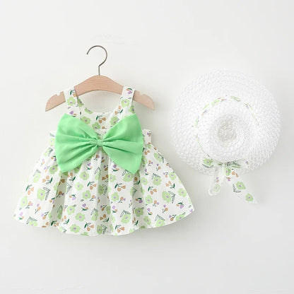 2024 Summer Baby Clothes Toddler Girl Dresses Korean Cute Bow Sleeveless Flowers Princess Dress+Sunhat Kids Clothing Set BC003