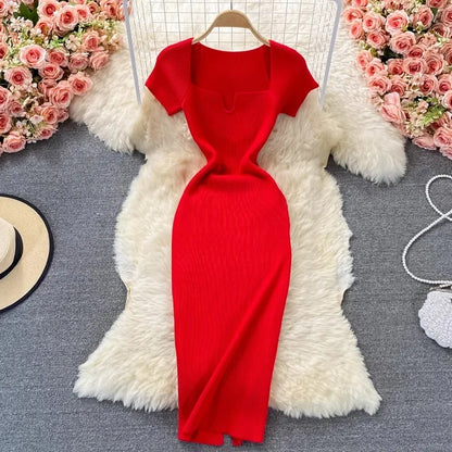 YuooMuoo Spring Summer 2025 Women Dress Elegant Square Collar White Black Knitted Bodycon Dress Korean Office Lady Vestidos