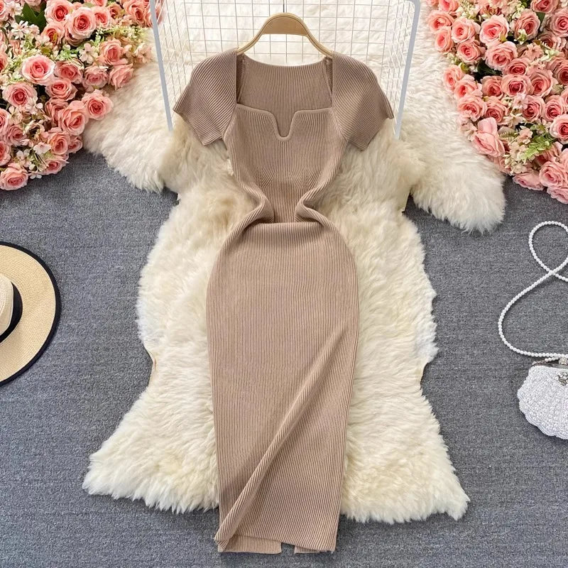 YuooMuoo Spring Summer 2025 Women Dress Elegant Square Collar White Black Knitted Bodycon Dress Korean Office Lady Vestidos