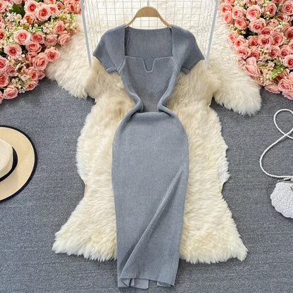 Sexy Chic Elastic Knit Bodycone Pencil Dress Solid Tight Midi Wrap Vestidos Korean Fashion Party Basic Slim Summer Women Robe