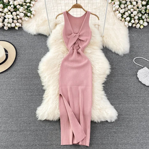 Sleeveless Hollow Split Wrap Dress Midi Sexy Fashion Elastic Tight Party Elegant Vestidos Chic Beach Vacation Summer Women Dress