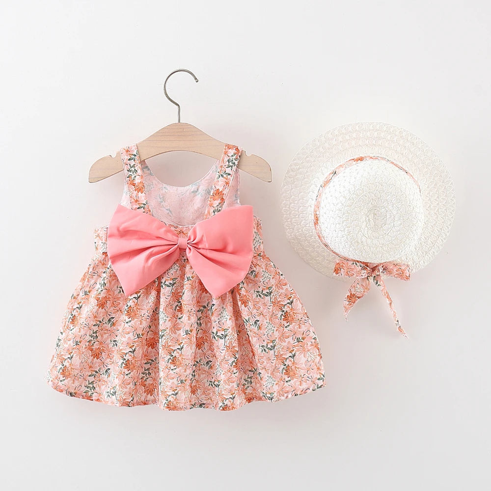 2 Pcs Baby Girl Dress Set Summer Baby Girl Cute Full Body Printed Large Bow Sleeveless Princess Dress+Hat Children's Clothing